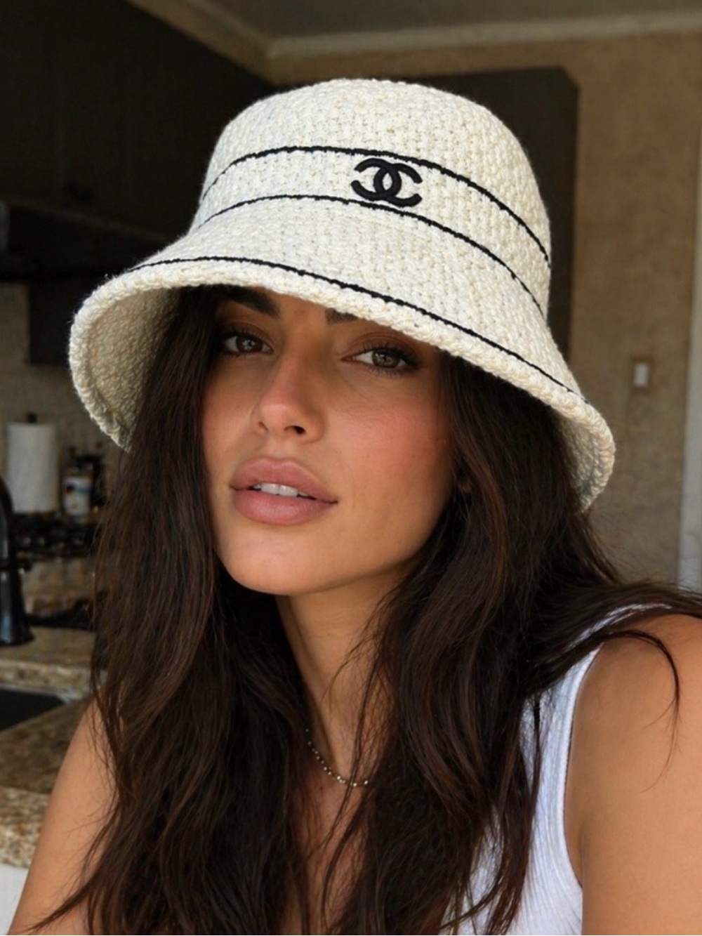 White Bouclé Bucket Hat with Black Logo Tag